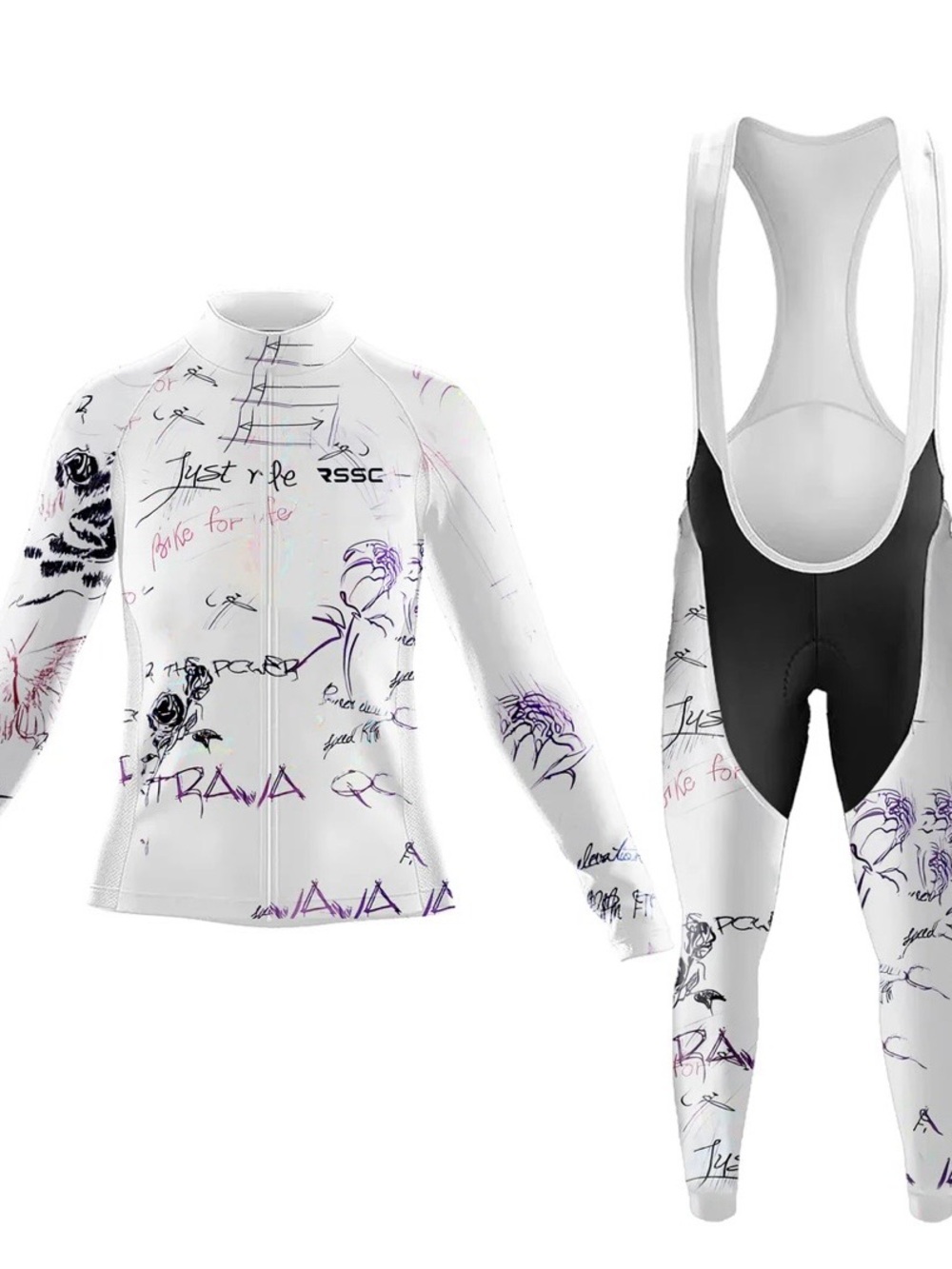 Women's White Graphic Long-Sleeve Cycling Jersey Set Size XL Athletic Sporty
